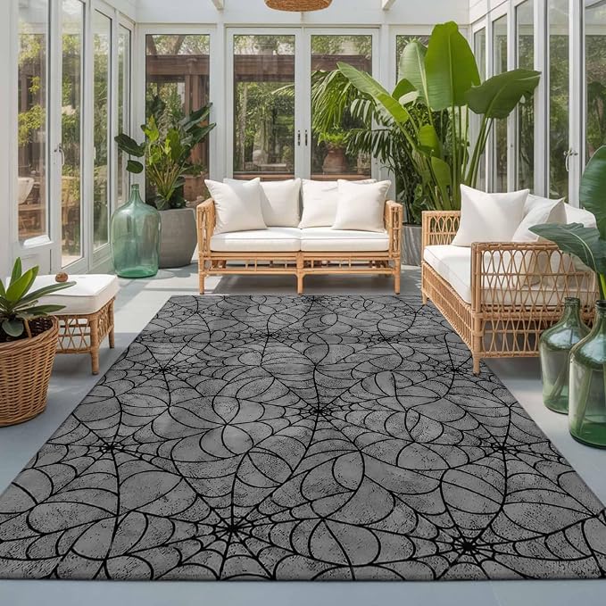 Large Area Rug 4'x6', Grey Halloween Washable Rectangular Area Rugs for Living Room Bedroom Office, Black Spiders Net Classic Gingham Non Slip Kitchen Rug Mats Indoor Floor Accent Throw Carpet