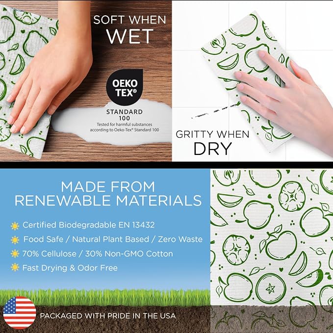 LOLA Swedish Dishcloths XL on a Roll, 30 Sheets, Fruit Pattern, Perforated Tear-Off 11" x 10" Sheets w/Hook, Reusable Absorbent Unpaper Towels Cellulose Sponge Cloth Biodegradable Made in Germany
