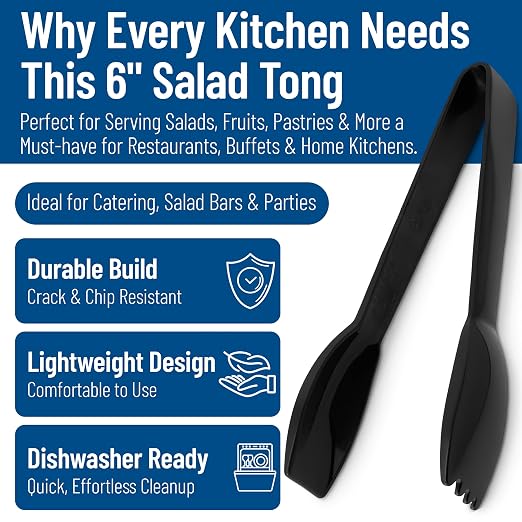 Carlisle FoodService Products Carly Tongs, Plastic Serving Tongs, for Kitchens, Restaurants, and Catering, Acetal, 6.44 Inches, Black