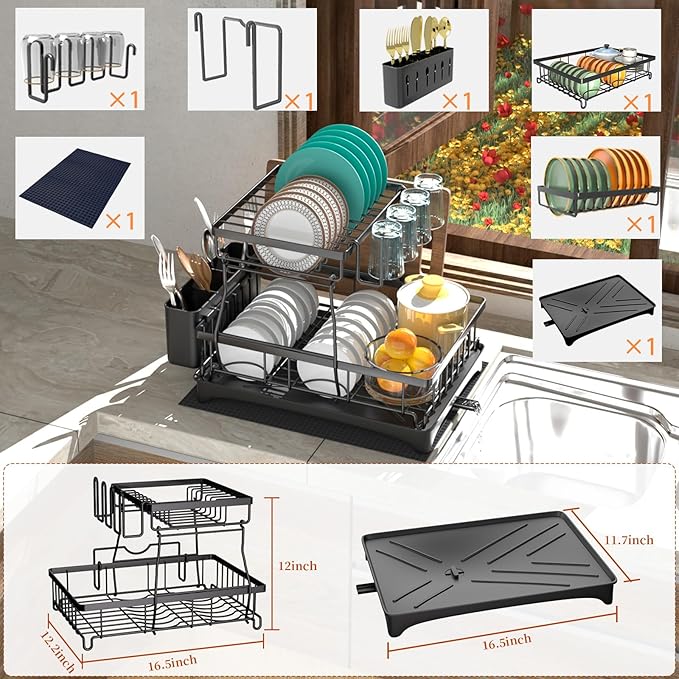 Godboat 2-Tier Dish Drying Rack - Dish Rack with Auto Drain-to-Sink & Mat | Dish Racks for Kitchen Counter, Dish Drainer with Knife Fork & Cup Rack, Gifts for Women, Mothers Day, Kitchen Gadgets, Black