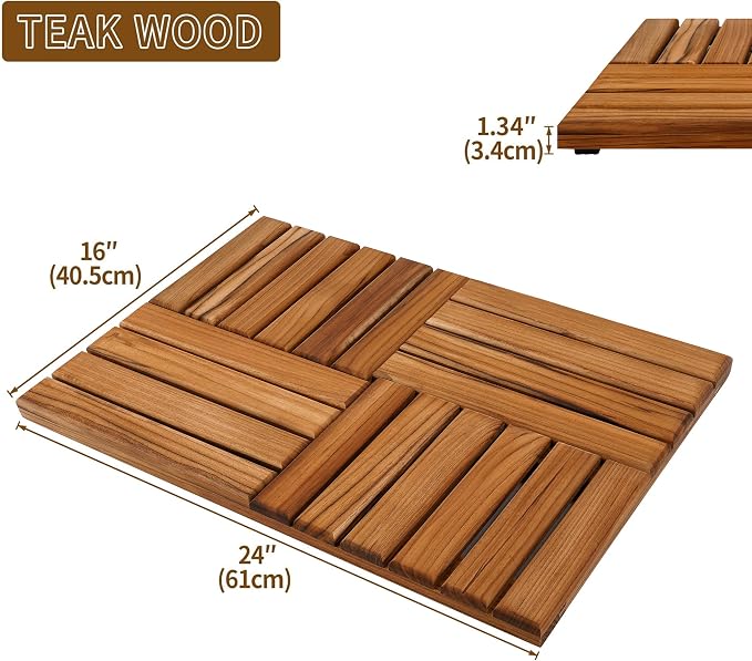 Utoplike Teak Bath Mat, Wood Shower Mats 24 x 16 inch Non Slip for Inside | Bathroom Wooden Sturdy Floor Mat, for Inside Shower, Luxury Spa Home or Outdoor
