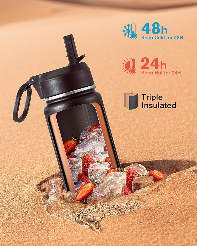 Coolflask Water Bottle 24 oz Insulated with Straw, Stainless Steel Metal 3 Lids Water Flask Wide Mouth for Sports or Office, Non-BPA Keep Cold Up to 48 Hrs or Hot Up to 24 Hrs, Piano Night