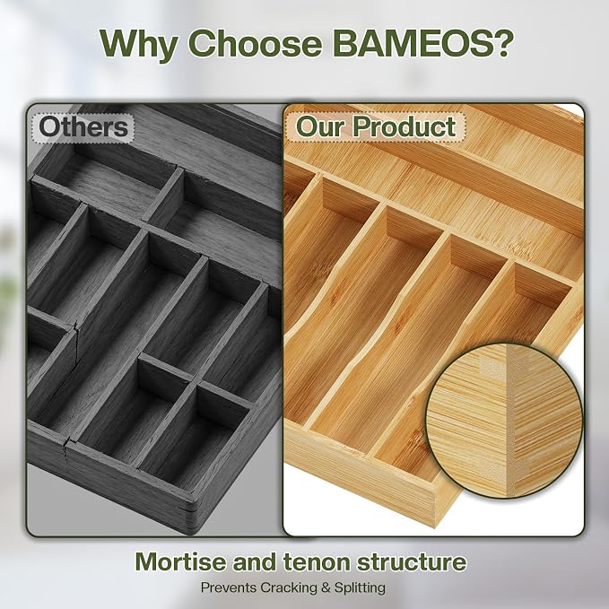 BAMEOS Bamboo Flatware Organizer 16.5×12.8 –Silverware Tray for Small Kitchen Drawers, 2" H Cutlery Holder | Forks, Spoons, Knives