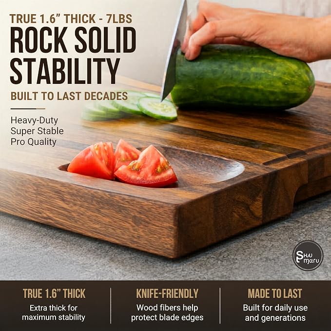 SHUMARU Exotic Suar Wood Cutting Board – 17x13x1.6" Charcuterie | Handmade in Bali - Silky-Smooth, Juice Groove, Sorting Compartment, Knife‑Friendly, Ergonomic Grips & Non‑Slip Feet