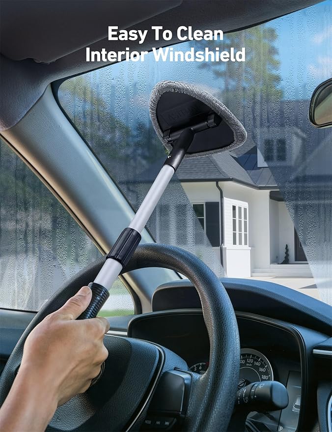 AstroAI 21" Windshield Cleaner Tool, Car Interior Detailing Cleaning Kit with Extendable Handle and 4 Upgraded High-Density Reusable Microfiber Pads, Auto Glass Wiper Brush Kit for Cars, Gray