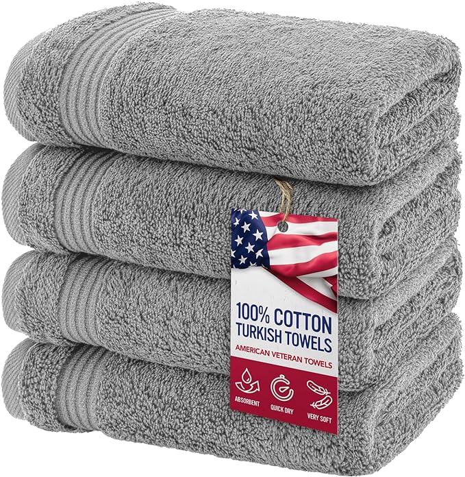 American Veteran Towel, Hand Towels for Bathroom Set of 4, 100% Cotton Turkish Hand Towel Sets, Soft Hand Face Towels, Light Grey Hand Towels