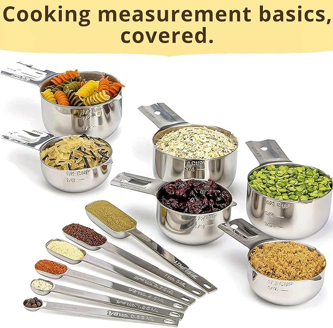 Simply Gourmet Measuring Cups & Spoons Set of 12, 18/08 Stainless Steel Kitchen Gadgets, Stackable Design with Long Handle Spoons, Fits in Spice Jars, Cooking & Baking Set for Dry & Liquid