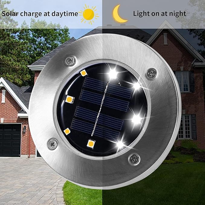 INCX 24 Pack 4.6 Inch Solar Ground Lights Outdoor, Waterproof, Cold White | 8 LEDs, 600mAh Ni-MH battery, 8-10 hr runtime, stainless steel and ABS body, garden lights for pathways, lawns and driveways