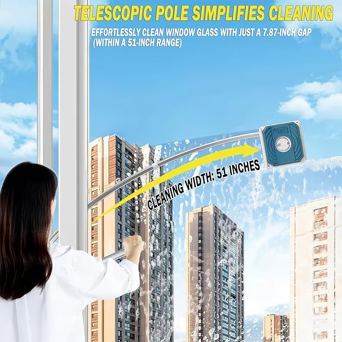 High Rise Outdoor Window Cleaning Tools - 2 in 1 Windows Washing kit with 51" Extendable Pole, Double-Sided Squeegee for Inside & Outside Glass Cleaner Apartments & Homes