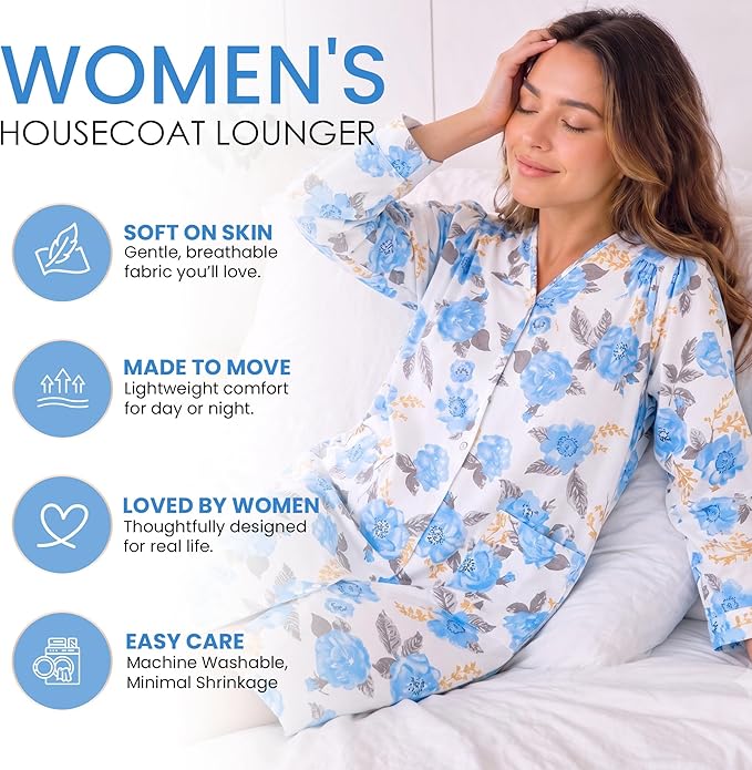 Casual Nights Women's Floral Snap Front Flannel Duster Long Sleeve Lounger Dress