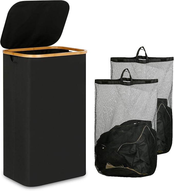 iEGrow Laundry Hamper with Lid, 110L Large Laundry Basket with Handle, Collapsible Clothes Basket Organizer with Removable 2 Inner Bag for Clothes Towels - Black