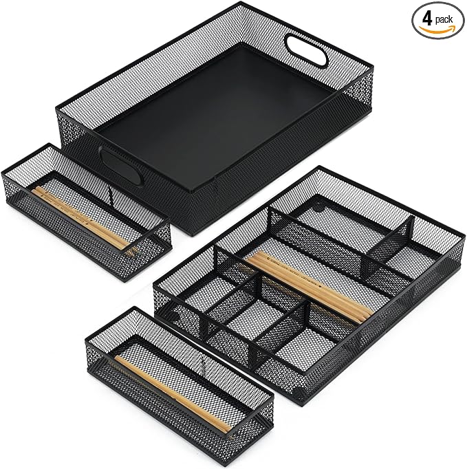 Neudeco Desk Drawer Organizer, 4 Pack Metal Mesh Drawer Organizer Set with Adjustable Dividers, Stackable Pen Organizer for Desk Drawer, Office Supplies Organizer, Black