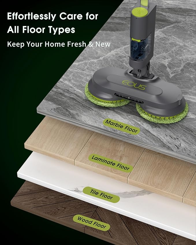 Cordless Electric Mop, Lightweight Electric Floor Mop with Detachable Water Tank, Water Sprayer & LED Headlights, Self-Propelled Floor Cleaner for Hardwood Tile Laminate Floor, Long-Lasting Battery