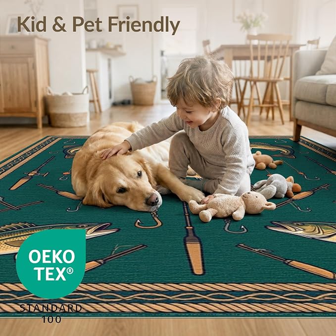 2'x3' Washable Area Rug Bass Sportsman Lure Lake Angler Tackle Motifs Motif Fish Fishing Refined Non-Slip Low Profile for Hallway, Study Room, Playroom