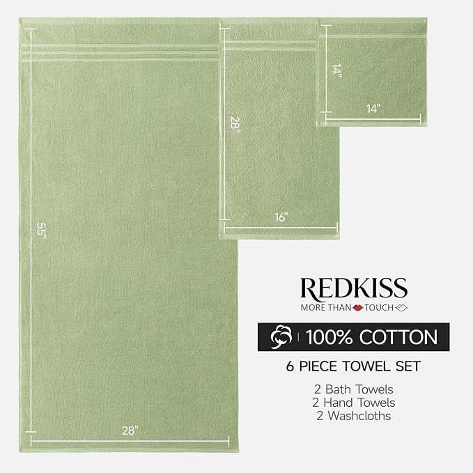 REDKISS Sage Towels Set 6 Piece Cotton Towel Sets with 2 Bath Towels, 2 Hand, 2 Washcloths, 650GSM Hotel Quality, Soft, Highly Absorbent Towels for Bathroom Gym, Ideal Everyday Use
