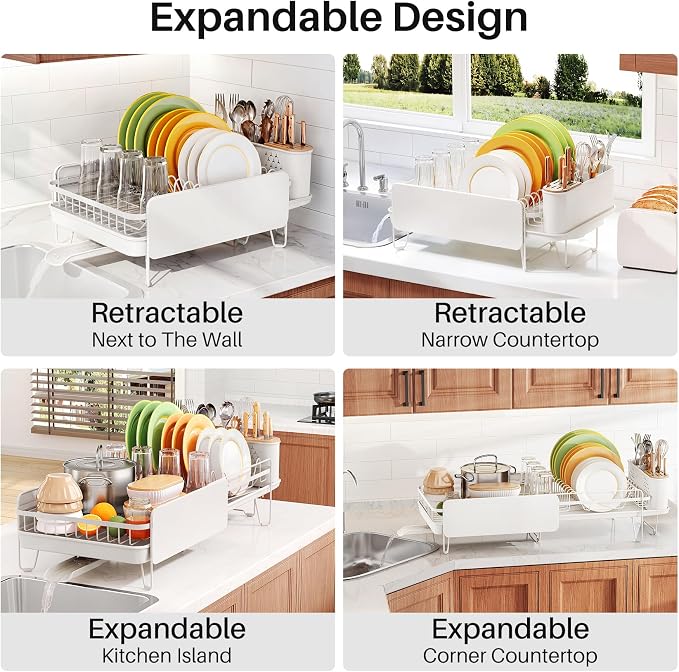 SNTD Dish Drying Rack - Large Dish Racks for Kitchen Counter, Expandable Dish Drainers with Cutlery Holder Stainless Steel Rustproof (White)