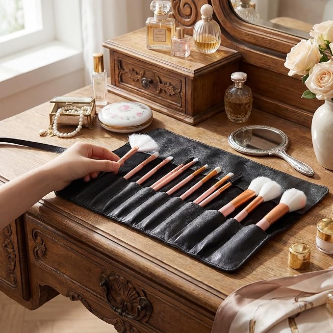 Kacctyen Black Leather Makeup Brush Roll, Full Grain Leather Organizer with 8 Brush Slots, Travel-friendly Cosmetic Tool Holder for Makeup Artists & Beauty Enthusiasts