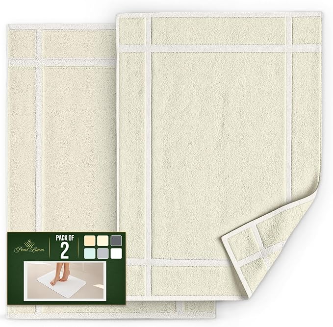 Pearl Linens Pack of 2 100% Cotton Bath Mat 18x25 inches, Soft & Absorbent Quick Dry Bathroom Mats Set, Not Bathroom Rugs, After Shower Mats, Bath Tub Mat, 781 GSM, Machine Washable, Ivory