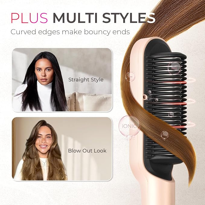 TYMO Ring Plus Ionic Hair Straightener Brush - Straightening Comb with Negative Ions for Women, Titanium Coating, 9 Temp Settings & LED Display, Dual Voltage, Professional Styling Tools, Gold Blush
