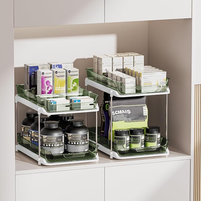 Delamu 2-Tier Multi-Purpose Bathroom Under Sink Organizers and Storage, Stackable Kitchen Pantry Organization, Pull Out Medicine Cabinet Organizer with Movable Dividers, Light Green, 4 Pack