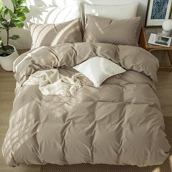 MooMee Duvet Cover Set 100% Washed Cotton Linen Like Queen | Relaxed Linen-like Texture. Soft, Breathable & Long-lasting Comfort. Lightweight. Hidden Zipper with 8 Interior Corner Ties