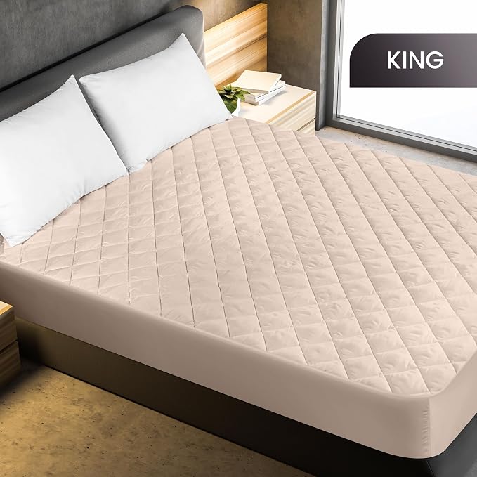 Quilted Fitted Mattress Pad, King Mattress Protector Topper with Deep Pocket Stretches up to 16 Inches, Machine Washable Mattress Cover by Utopia Bedding (Beige)