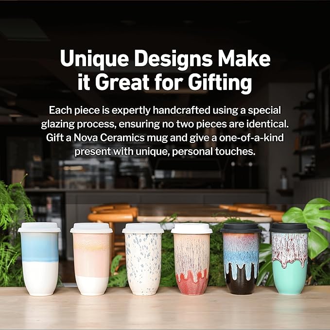 NOVA CERAMICS Travel Mug On the Go Coffee Mug Microwave & Dishwasher Safe Green Tumbler - Gifts For Women Men 16oz Afterglow