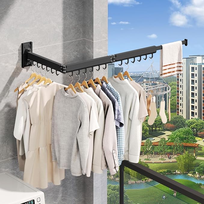 Wall Mounted Tri-Fold Clothes Drying Rack, Heavy Duty Collapsible Laundry Drying Rack, Space-Saving Retractable Foldable Drying Rack Clothes for Laundry Room Balcony Bathroom,Black-Hooks