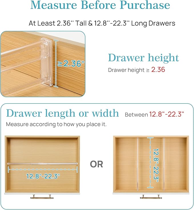 Vtopmart 2.36” Drawer Dividers with Expandable Inserts, 12.8"-22.3" Adjustable Kitchen Drawer Organizer, Clear Plastic Organizer Separator for Flatware, Utensil, Cutlery, 8 Dividers with 14 Inserts