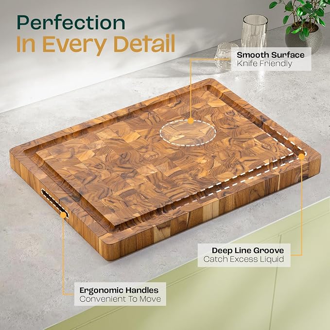 Yes4All Large Teak Cutting Boards for Kitchen, 20"x15"x1.5" End Grain Butcher Block with Food-Friendly Surface, Durable Wood Chopping Board with Juice Grooves and Easy-Grip Handle for Home Prep