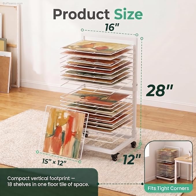 OFFICEROO White Art Drying Rack for Classroom & Preschool – 18-Shelf Mobile Paint Drying Rack, Canvas & Paper Drying Rack for Art Storage
