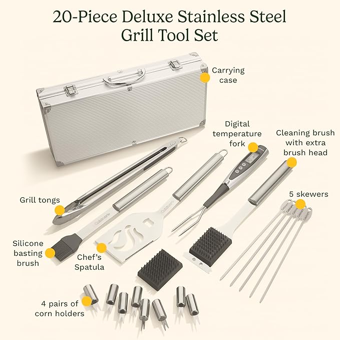 Cuisinart Deluxe Grill Tool Set, 20-Piece Grill Set, BBQ Accessories with Aluminum Case, Stainless Steel Grilling Accessories, BBQ Tools, Grilling Gifts for Men, for Dad Husband