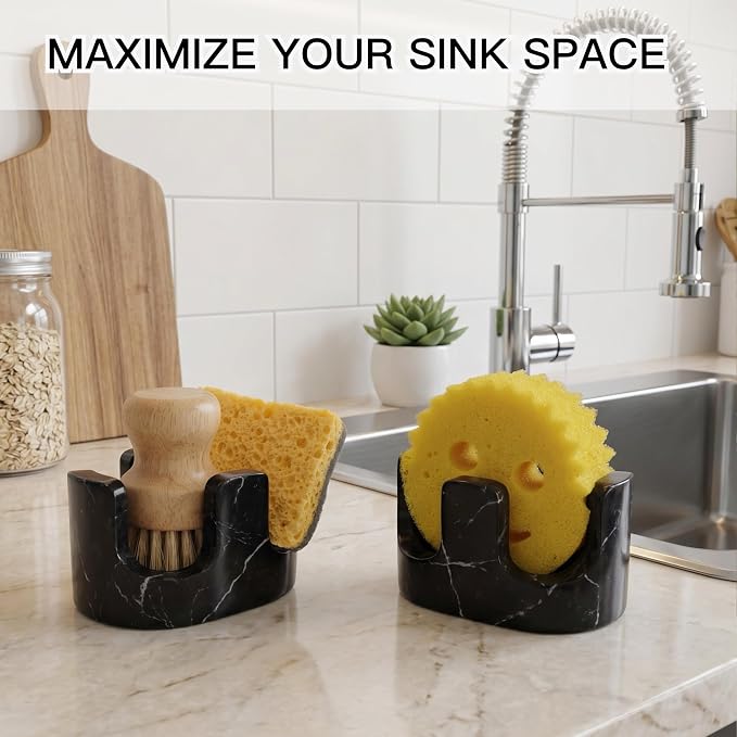 Black Marble Sponge Holder for Kitchen Sink, 2-in-1 Natural Stone Sponge & Brush Holder with Raised Edge, Keeps Countertops Dry, Heavy & Stable, Non-Slip Base, Modern Luxury Kitchen Decor
