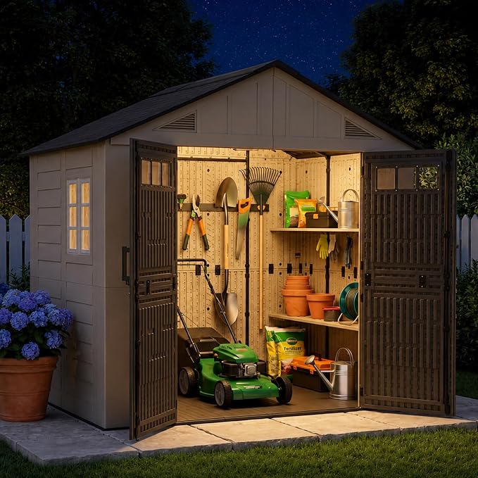 Aoxun 8x6 Ft Outdoor Storage Shed with Lighe & Floor, Large Resin Outdoor Shed with Lockable Door & Windows, Garden HDPE Sheds for Lawn Tools, Pool Supplies & Bikes