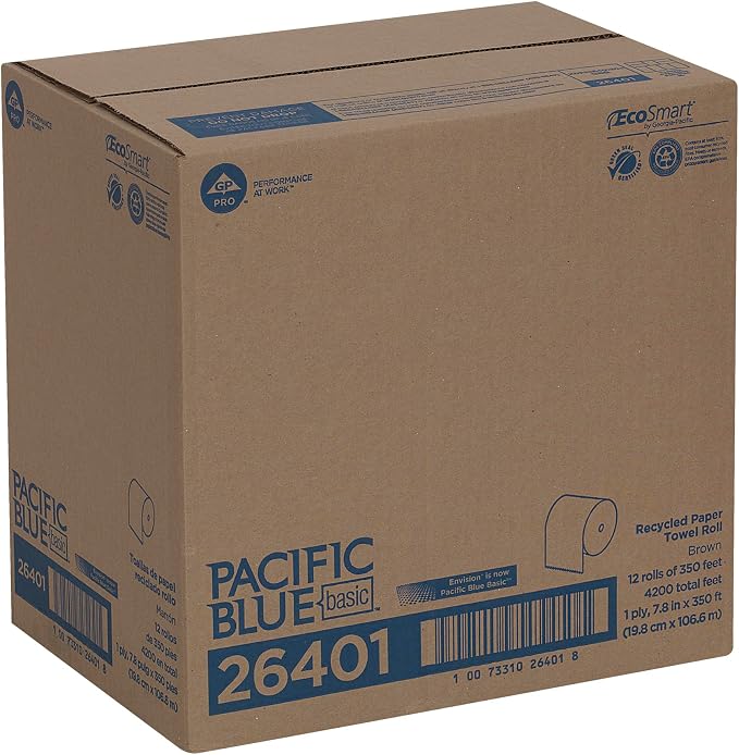 Pacific Blue Basic by Georgia-Pacific PRO Recycled Hardwound Paper Towel Rolls, Brown, 350 Feet Per Roll, 12 Rolls Per Case, 26401