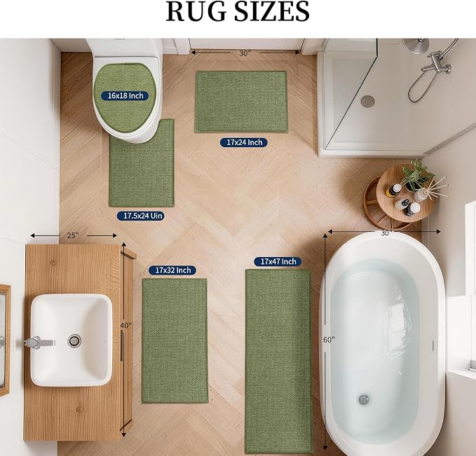 YIHOUSE Green Bathroom Rugs Sets 5 Piece, Quick Dry Thin Bath Mat with Toilet Rug, Non Slip Absorbent Machine Washable, Bath Runner Rugs for Bathtub Sink Home Decor