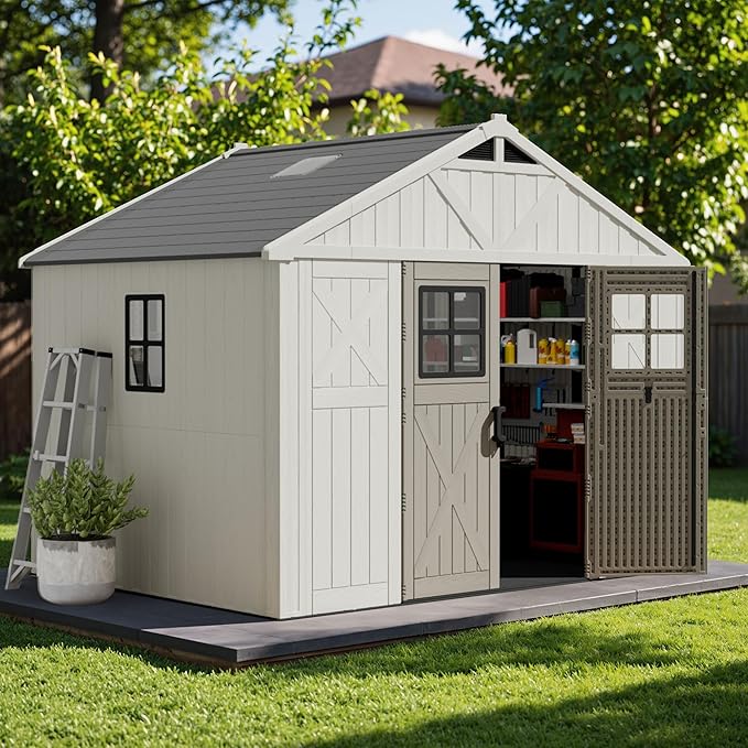Devoko 10x8 FT Resin Outdoor Storage Shed with Floor, Plastic Tool Garden Shed with Windows & Lockable Door, Outside Large Storage Shed for Patio Backyard Lawn, Beige