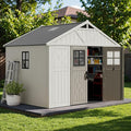 Devoko 10x8 FT Resin Outdoor Storage Shed with Floor, Plastic Tool Garden Shed with Windows & Lockable Door, Outside Large Storage Shed for Patio Backyard Lawn, Beige