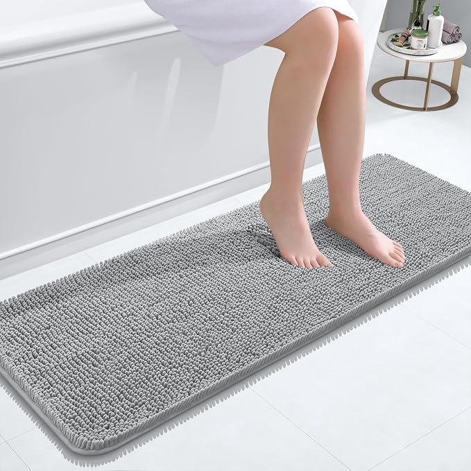 OLANLY Bathroom Runner Rugs 47x17, Soft Absorbent Chenille Bath Rugs, Rubber Backing Quick Dry, Machine Washable Long Bath Mats for Bathroom Floor, Tub and Shower, Home Decor Accessories, Light Grey