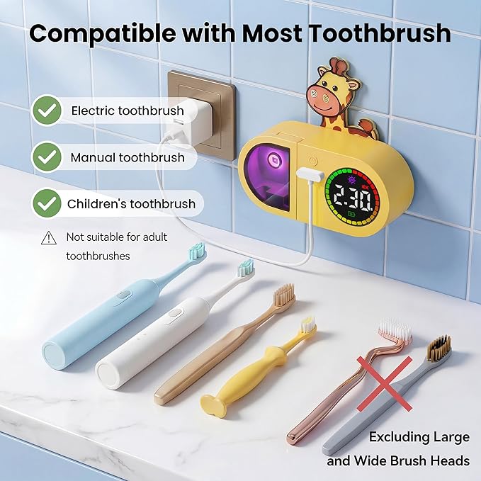 Toothbrush Holder & Toothbrush Cleaner, Kids Toothbrush Sanitizer Holder - 2 Toothbrush Capacity, Rechargeable Wall Mount Toothbrush Holder for Bathrooms