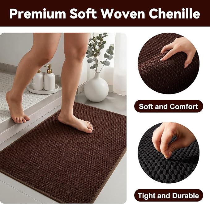 Triohero Bathroom Rugs Non Slip Washable, Super Absorbent Thin Bath Mat Small Quick Dry Low Pile Bathroom Rug, Brown 20"x30"