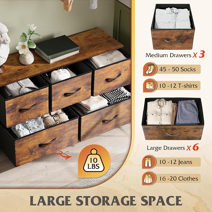WLIVE Wide Dresser for Bedroom, 5 Drawer Chest of Drawers, Rustic Brown | 5 roomy fabric drawers, Wide storage design, Bedroom or closet use, Sturdy steel frame, Smooth wood tabletop