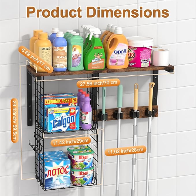 Housolution Broom Holder Wall Mount with Cleaning Supplies Organizer, 100 LBS High Load-Bearing Laundry Room Storage Shelves, Multifunctional Mop Hanger Rack with 2 Baskets, 4 Grippers & Hooks