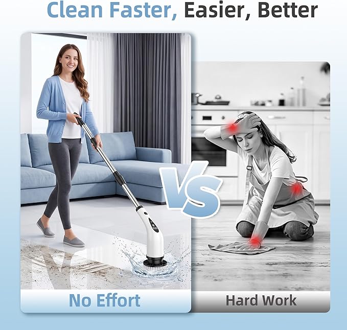Electric Spin Scrubber, 3-Speed Cordless Cleaning Brush with 8 Brush Heads & Base, IPX7 Waterproof, Adjustable Long Handle, Digital Display, 2500mAh Fast Charging, for Bathroom, Tub, Tile, Floor