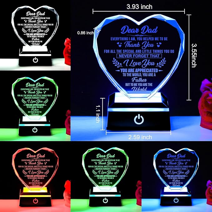 ZHSHWAT Dad Crystal Night Light, Engraved Heart LED Color Changing Lamp, Father’s Day Birthday Gift for Dad from Daughter Son