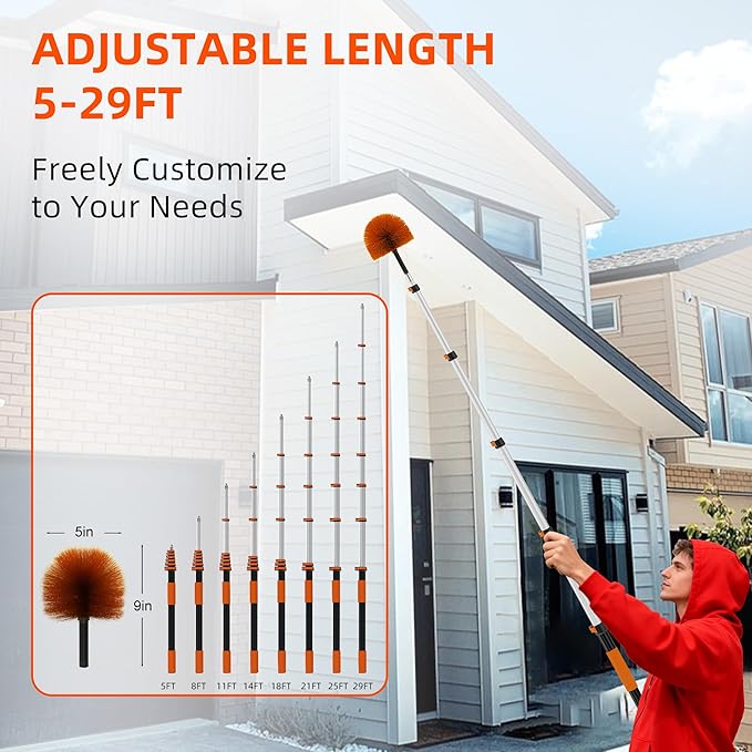 35 FT Reach Cobweb Duster with 5-29FT Telescoping Pole, Dual Action Flip-Lock & Screw Fixing Design, Washable Reusable Duster for High Ceilings, Fans & Home Cleaning