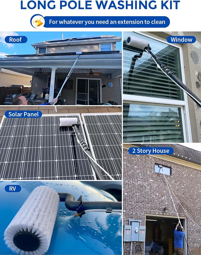 Electric Solar Panel Cleaning Kit, 20FT Solar Panel Cleaning Brush and Pole with Soap Dispenser, Telescopic Water Fed Pole, Solar Panel Cleaner Solution for Windows, Roof, RV