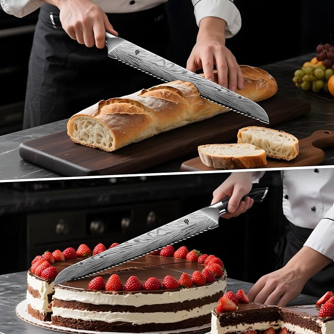 10 inch Bread Knife in Powder Steel, Serrated Bread Knife | for Homemade Bread Sourdough Ultra Sharp Bread Slicer Knives with Ergonomic Pakkawood Handle for Sourdough, Turkey and Fruit