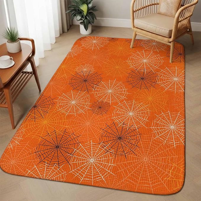 Orange Halloween Washable Area Rugs for Living Room Bedroom, Large Non Slip Indoor Floor Carpet Absorbent Low Pile Black White Net Halloween Door Mat Rugs for Bathroom Entryway 63"x78.7"
