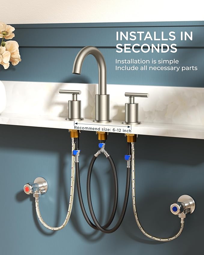 FORIOUS 2 Pack Brushed Nickel Bathroom Faucet 3 Hole with Pop Up Drain and 24" Supply Hose, 2 Handle 8 in Widespread 3 Hole Vanity Faucet for Bathroom Sink Brush Nickel with 360° Swivel Spout